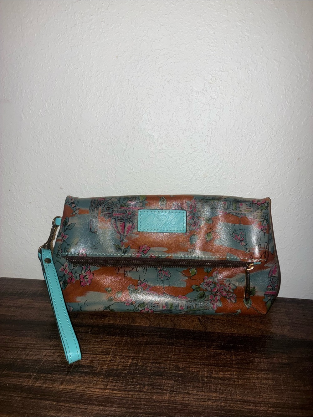 Italy 🇮🇹 Leather Floral Print Wristlet Clutch in Teal and Brown